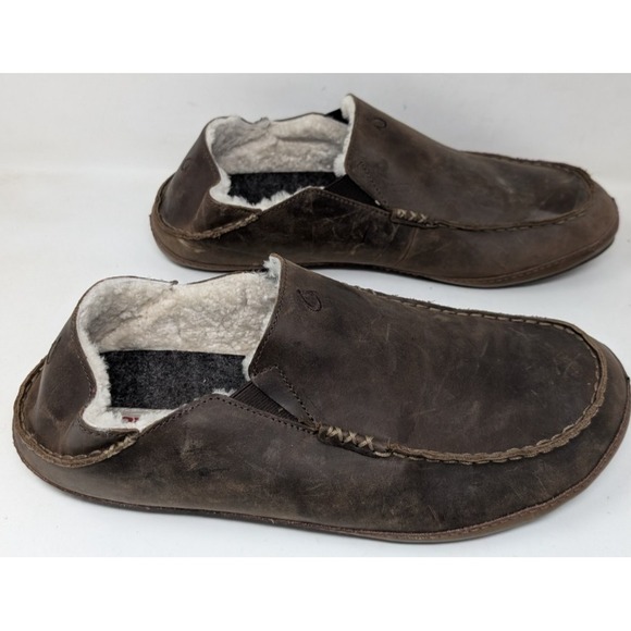 Olukai‎ Moloa Men's Size 14 Leather Shearling Slippers Shoes Sheep Fleece Lined